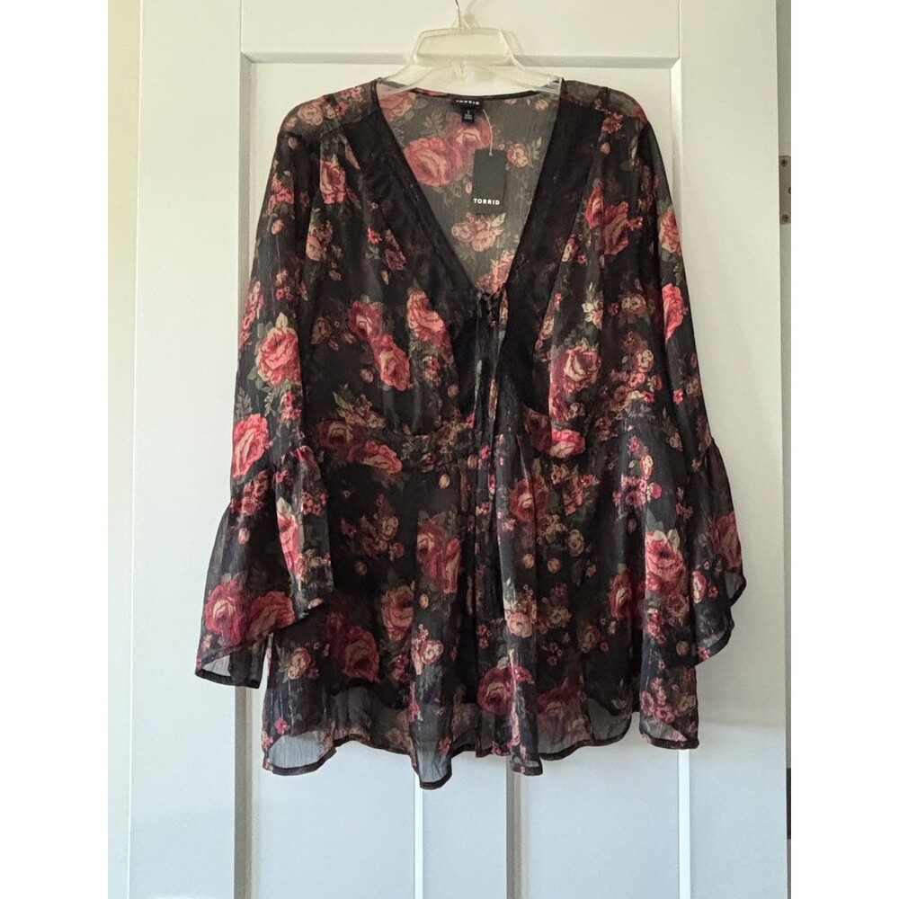 Torrid Chiffon Floral Black Bell Sleeve Lace Up Babydoll Top Sz 2X NWT